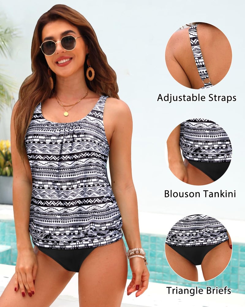 Yonique Blouson Tankini Swimsuits for Women Loose Fit Modest Two Piece Bathing Suits Black and White M - Image 2